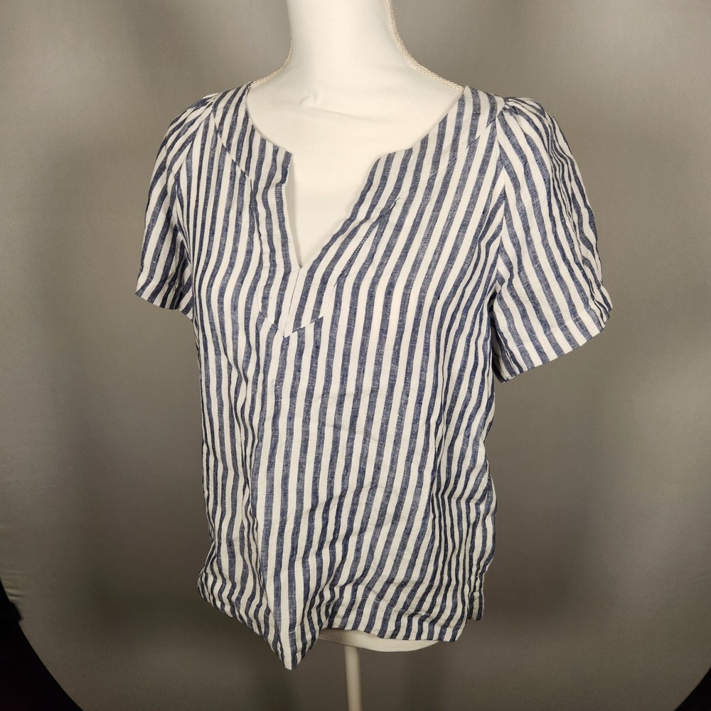 J. Crew Flutter Sleeve Linen V Neck Top Blue Stripe Small Coastal Beachy Resort